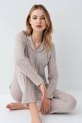 Kadın Vizon Gömlek Pijama Takım, Çizgili, %100 Pamuk - 1
