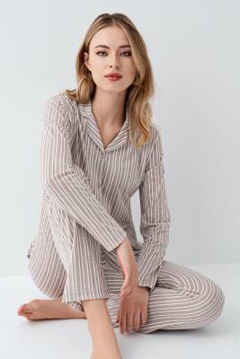 Kadın Vizon Gömlek Pijama Takım, Çizgili, %100 Pamuk - 1
