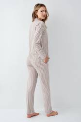 Kadın Vizon Gömlek Pijama Takım, Çizgili, %100 Pamuk - 4