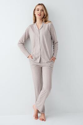 Kadın Vizon Gömlek Pijama Takım, Çizgili, %100 Pamuk - 2