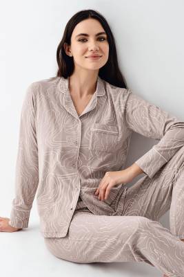Pierre Cardin - Kadın Vizon Önden Düğmeli Pijama Takım, %50 pamuk %50 modal