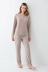 Kadın Vizon Yakası Düğmeli Pijama Takım, Alt Pijama Cepli ve Çizgili, %100 Pamuk - Thumbnail