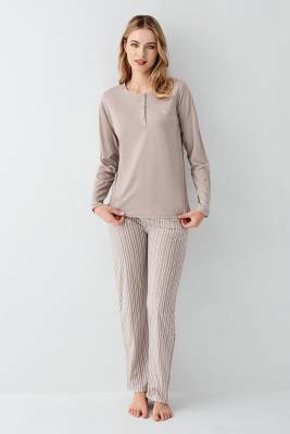 Arnetta - Kadın Vizon Yakası Düğmeli Pijama Takım, Alt Pijama Cepli ve Çizgili, %100 Pamuk