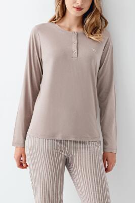 Kadın Vizon Yakası Düğmeli Pijama Takım, Alt Pijama Cepli ve Çizgili, %100 Pamuk - 3