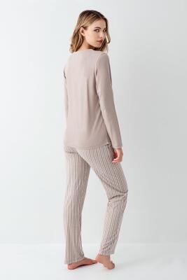 Kadın Vizon Yakası Düğmeli Pijama Takım, Alt Pijama Cepli ve Çizgili, %100 Pamuk - 4