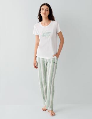 Kadın Yazlık %100 Pamuk Cepli Pijama Takımı – Kısa Kollu, Çizgili Alt, Rahat Ev Giyimi - 6