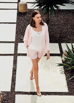 Kadın Yazlık Kutulu %50 Pamuk %50 Modal 3’lü Pijama Takımı – Dantelli Atlet, Şort ve Sabahlık Seti - 6