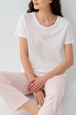 Kadın Yazlık %50 Pamuk %50 Modal Pijama Takımı – Kısa Kollu, Çizgili Alt, Rahat Ev Giyimi - 7