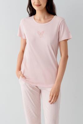 Kadın Yazlık %50 Pamuk %50 Modal Pijama Takımı – Kısa Kollu, Çizgili Alt, Rahat Ev Giyimi - 3