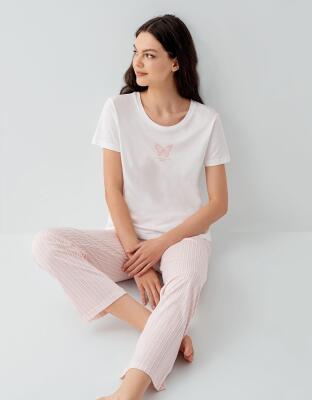 Kadın Yazlık %50 Pamuk %50 Modal Pijama Takımı – Kısa Kollu, Çizgili Alt, Rahat Ev Giyimi - 5