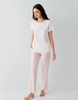 Kadın Yazlık %50 Pamuk %50 Modal Pijama Takımı – Kısa Kollu, Çizgili Alt, Rahat Ev Giyimi - 6