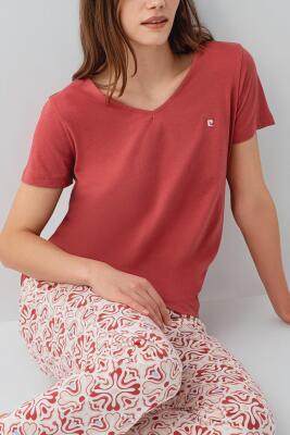 Kadın Yazlık %50 Pamuk %50 Modal Pijama Takımı – V Yaka Kısa Kollu Üst ve Desenli Uzun Alt, Rahat Kesim - 3