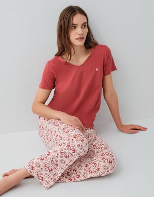 Kadın Yazlık %50 Pamuk %50 Modal Pijama Takımı – V Yaka Kısa Kollu Üst ve Desenli Uzun Alt, Rahat Kesim - 1