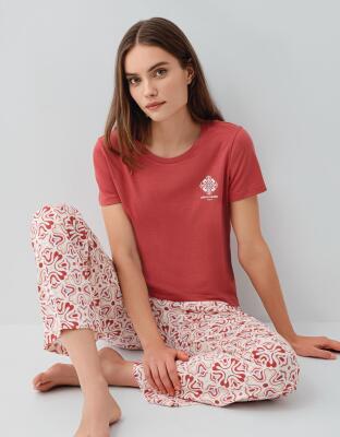 Kadın Yazlık Bordo %50 Pamuk %50 Modal Pijama Takımı – Kısa Kollu Bisiklet Yaka Üst ve Desenli Uzun Alt, Rahat Kesim - 5