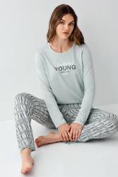 Kadın Açık Yeşil Mevsimlik Pijama Takım, %50 modal %50 pamuk - Thumbnail