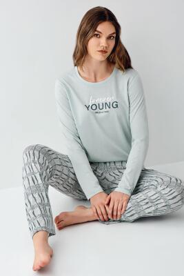 Kadın Açık Yeşil Mevsimlik Pijama Takım, %50 modal %50 pamuk - 1