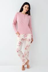 Kadın Gül Kurusu Mevsimlik Pijama Takım, Cep Detaylı, Modal ve Pamuk Kumaş - Thumbnail