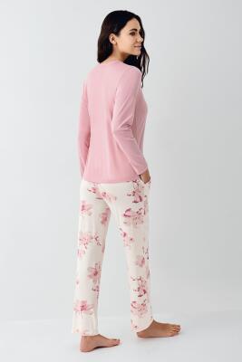 Kadın Gül Kurusu Mevsimlik Pijama Takım, Cep Detaylı, Modal ve Pamuk Kumaş - 4