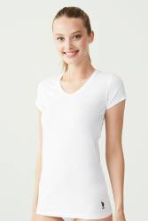 Kısa Kollu V Yaka Kadın T-Shirt - Thumbnail