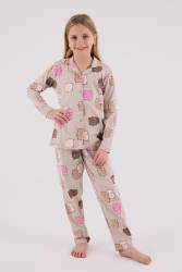 Kız Çocuk %100 Pamuklu Pijama Takım, Uzunkol, Düğmeli - Thumbnail