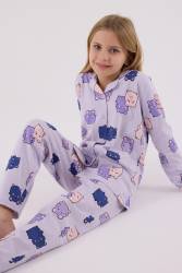Kız Çocuk %100 Pamuklu Pijama Takım, Uzunkol, Düğmeli - Thumbnail