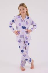 Kız Çocuk %100 Pamuklu Pijama Takım, Uzunkol, Düğmeli - Thumbnail