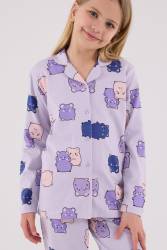 Kız Çocuk %100 Pamuklu Pijama Takım, Uzunkol, Düğmeli - Thumbnail