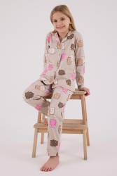 Kız Çocuk %100 Pamuklu Pijama Takım, Uzunkol, Düğmeli - Thumbnail