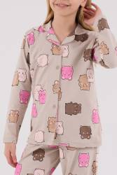 Kız Çocuk %100 Pamuklu Pijama Takım, Uzunkol, Düğmeli - Thumbnail