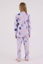 Kız Çocuk %100 Pamuklu Pijama Takım, Uzunkol, Düğmeli - Thumbnail