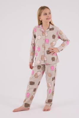 Kız Çocuk %100 Pamuklu Pijama Takım, Uzunkol, Düğmeli - 3