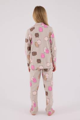 Kız Çocuk %100 Pamuklu Pijama Takım, Uzunkol, Düğmeli - 5