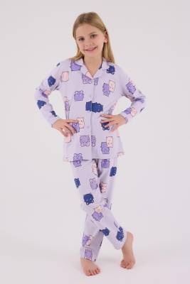 Kız Çocuk %100 Pamuklu Pijama Takım, Uzunkol, Düğmeli - 8