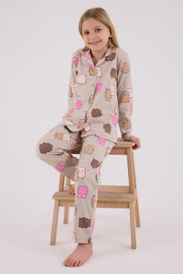 Kız Çocuk %100 Pamuklu Pijama Takım, Uzunkol, Düğmeli - 2
