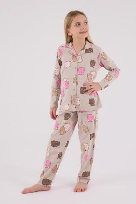 Kız Çocuk %100 Pamuklu Pijama Takım, Uzunkol, Düğmeli - 3