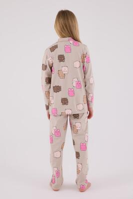 Kız Çocuk %100 Pamuklu Pijama Takım, Uzunkol, Düğmeli - 5