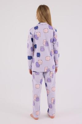 Kız Çocuk %100 Pamuklu Pijama Takım, Uzunkol, Düğmeli - 11