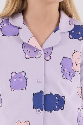 Kız Çocuk %100 Pamuklu Pijama Takım, Uzunkol, Düğmeli - 12