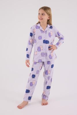 Kız Çocuk %100 Pamuklu Pijama Takım, Uzunkol, Düğmeli - 9