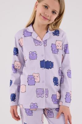 Kız Çocuk %100 Pamuklu Pijama Takım, Uzunkol, Düğmeli - 10