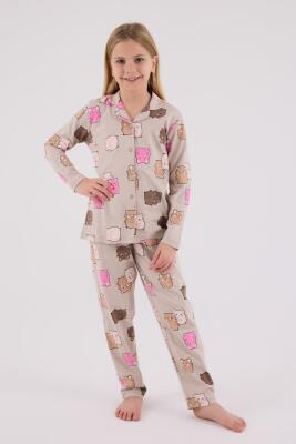 Kız Çocuk %100 Pamuklu Pijama Takım, Uzunkol, Düğmeli - 1