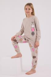 Kız Çocuk %100 Pamuklu Pijama Takım, Uzunkollu, Dar Paça - Thumbnail