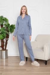 Kutulu Classic Kadın Gömlek Pijama Takımı, Boydan Düğmeli Viskon Pijama Takım - Thumbnail