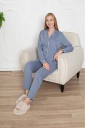 Kutulu Classic Kadın Gömlek Pijama Takımı, Boydan Düğmeli Viskon Pijama Takım - Thumbnail