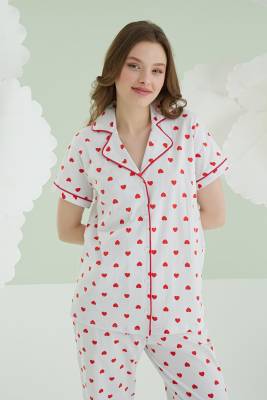 NBB - NBB %100 Pamuklu Kadın Ekru Kalpli Önden Düğmeli Pijama Takım (1)