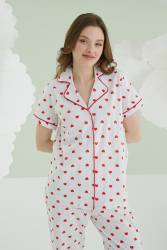 NBB %100 Pamuklu Kadın Ekru Kalpli Önden Düğmeli Pijama Takım - Thumbnail