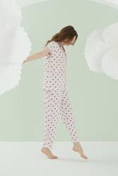 NBB %100 Pamuklu Kadın Ekru Kalpli Önden Düğmeli Pijama Takım - Thumbnail