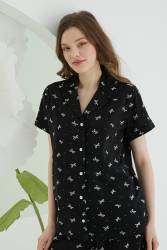 NBB %100 Pamuklu Kadın Siyah Düğmeli Şortlu Pijama Takımıı - Thumbnail