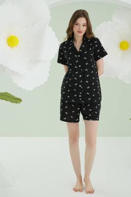 NBB - NBB %100 Pamuklu Kadın Siyah Düğmeli Şortlu Pijama Takımıı (1)