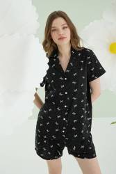 NBB %100 Pamuklu Kadın Siyah Düğmeli Şortlu Pijama Takımıı - Thumbnail